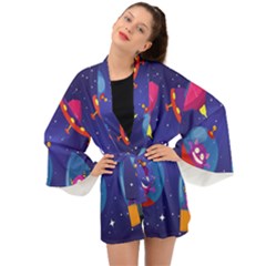 Cartoon-funny-aliens-with-ufo-duck-starry-sky-set Long Sleeve Kimono by Salman4z