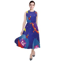 Cartoon-funny-aliens-with-ufo-duck-starry-sky-set Round Neck Boho Dress by Salman4z