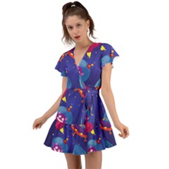 Cartoon-funny-aliens-with-ufo-duck-starry-sky-set Flutter Sleeve Wrap Dress by Salman4z