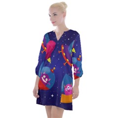 Cartoon-funny-aliens-with-ufo-duck-starry-sky-set Open Neck Shift Dress by Salman4z