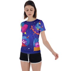 Cartoon-funny-aliens-with-ufo-duck-starry-sky-set Back Circle Cutout Sports Tee by Salman4z