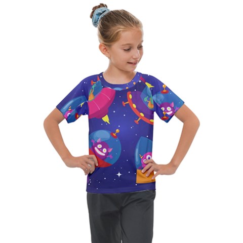 Cartoon-funny-aliens-with-ufo-duck-starry-sky-set Kids  Mesh Piece Tee by Salman4z