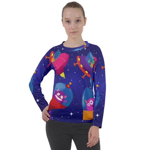 Cartoon-funny-aliens-with-ufo-duck-starry-sky-set Women s Long Sleeve Raglan Tee by Salman4z