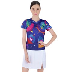 Cartoon-funny-aliens-with-ufo-duck-starry-sky-set Women s Sports Top by Salman4z