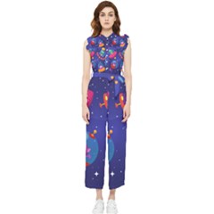 Cartoon-funny-aliens-with-ufo-duck-starry-sky-set Women s Frill Top Chiffon Jumpsuit by Salman4z