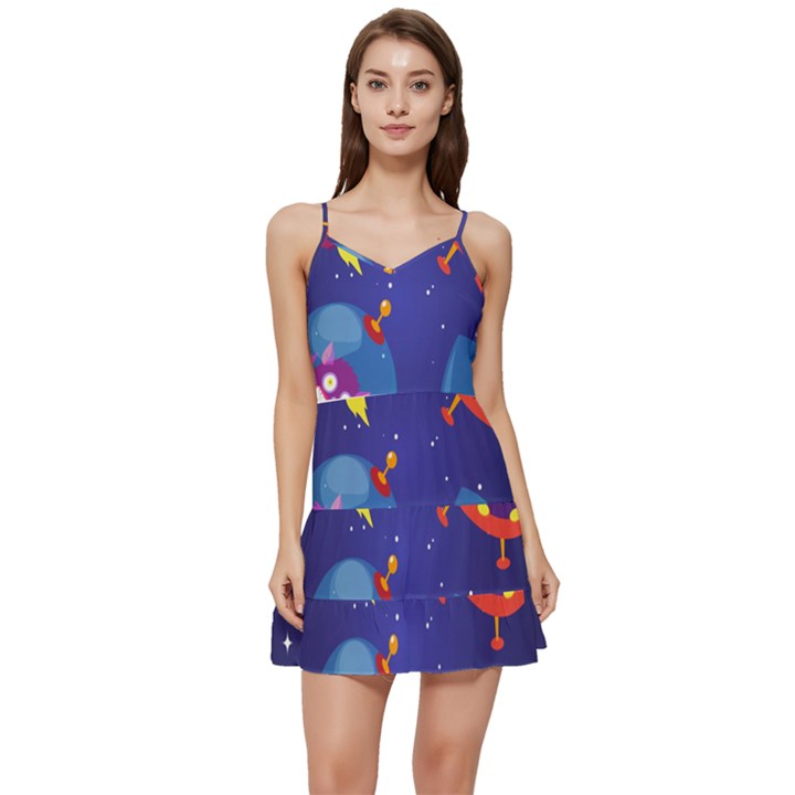 Cartoon-funny-aliens-with-ufo-duck-starry-sky-set Short Frill Dress