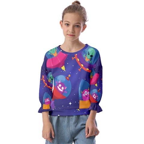 Cartoon-funny-aliens-with-ufo-duck-starry-sky-set Kids  Cuff Sleeve Top by Salman4z