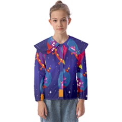 Cartoon-funny-aliens-with-ufo-duck-starry-sky-set Kids  Peter Pan Collar Blouse by Salman4z