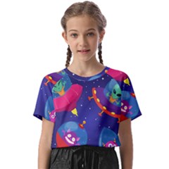 Cartoon-funny-aliens-with-ufo-duck-starry-sky-set Kids  Basic Tee by Salman4z