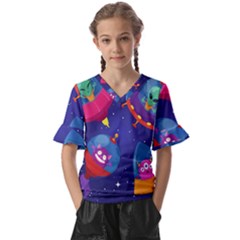 Cartoon-funny-aliens-with-ufo-duck-starry-sky-set Kids  V-neck Horn Sleeve Blouse by Salman4z