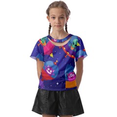 Cartoon-funny-aliens-with-ufo-duck-starry-sky-set Kids  Front Cut Tee by Salman4z