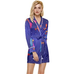 Cartoon-funny-aliens-with-ufo-duck-starry-sky-set Long Sleeve Satin Robe by Salman4z