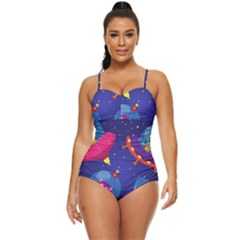 Cartoon-funny-aliens-with-ufo-duck-starry-sky-set Retro Full Coverage Swimsuit by Salman4z