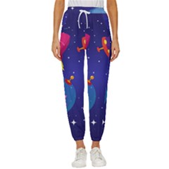 Cartoon-funny-aliens-with-ufo-duck-starry-sky-set Women s Cropped Drawstring Pants by Salman4z