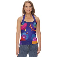 Cartoon-funny-aliens-with-ufo-duck-starry-sky-set Basic Halter Top by Salman4z