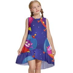 Cartoon-funny-aliens-with-ufo-duck-starry-sky-set Kids  Frill Swing Dress by Salman4z