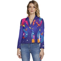 Cartoon-funny-aliens-with-ufo-duck-starry-sky-set Women s Long Sleeve Revers Collar Cropped Jacket by Salman4z