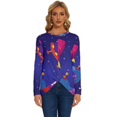 Cartoon-funny-aliens-with-ufo-duck-starry-sky-set Long Sleeve Crew Neck Pullover Top by Salman4z