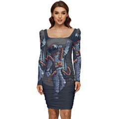 Illustration-drunk-astronaut Women Long Sleeve Ruched Stretch Jersey Dress by Salman4z