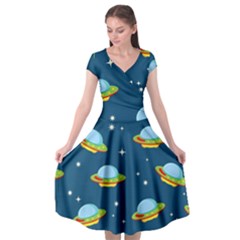 Seamless-pattern-ufo-with-star-space-galaxy-background Cap Sleeve Wrap Front Dress by Salman4z