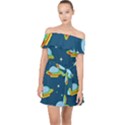 Seamless-pattern-ufo-with-star-space-galaxy-background Off Shoulder Chiffon Dress View1