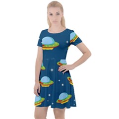 Seamless-pattern-ufo-with-star-space-galaxy-background Cap Sleeve Velour Dress  by Salman4z