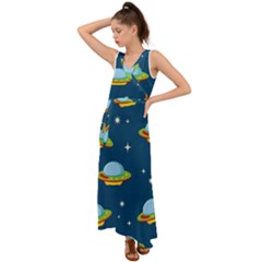 Seamless-pattern-ufo-with-star-space-galaxy-background V-neck Chiffon Maxi Dress by Salman4z