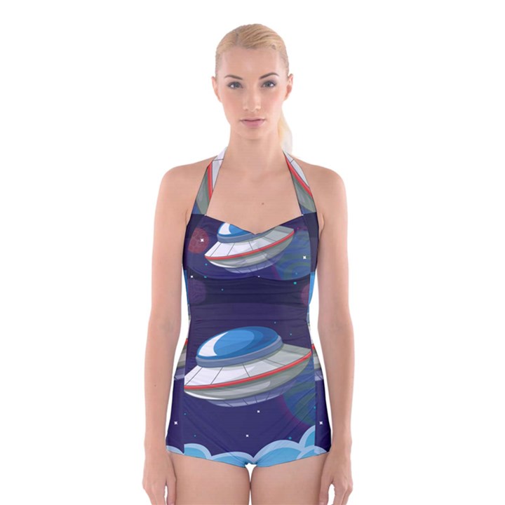 Ufo-alien-spaceship-galaxy Boyleg Halter Swimsuit 