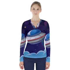 Ufo-alien-spaceship-galaxy V-neck Long Sleeve Top by Salman4z