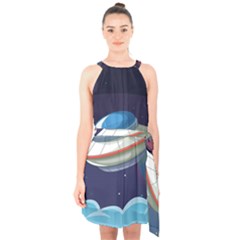 Ufo-alien-spaceship-galaxy Halter Collar Waist Tie Chiffon Dress by Salman4z