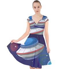 Ufo-alien-spaceship-galaxy Cap Sleeve Front Wrap Midi Dress by Salman4z