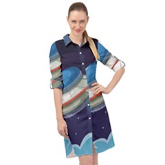 Ufo-alien-spaceship-galaxy Long Sleeve Mini Shirt Dress