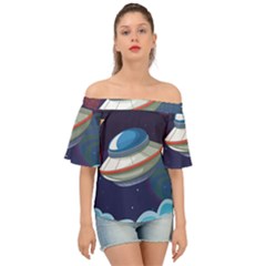 Ufo-alien-spaceship-galaxy Off Shoulder Short Sleeve Top by Salman4z