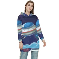 Ufo-alien-spaceship-galaxy Women s Long Oversized Pullover Hoodie