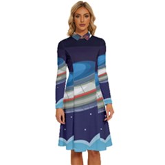 Ufo-alien-spaceship-galaxy Long Sleeve Shirt Collar A-line Dress