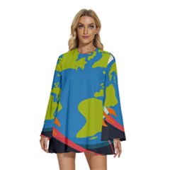 Spaceship-design Round Neck Long Sleeve Bohemian Style Chiffon Mini Dress