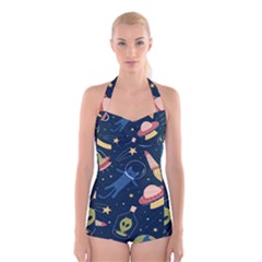 Seamless-pattern-with-funny-aliens-cat-galaxy Boyleg Halter Swimsuit  by Salman4z