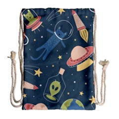 Seamless-pattern-with-funny-aliens-cat-galaxy Drawstring Bag (large) by Salman4z