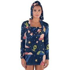 Seamless-pattern-with-funny-aliens-cat-galaxy Long Sleeve Hooded T-shirt by Salman4z