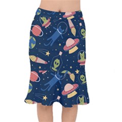 Seamless-pattern-with-funny-aliens-cat-galaxy Short Mermaid Skirt by Salman4z