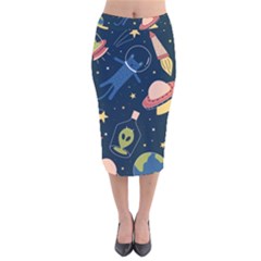 Seamless-pattern-with-funny-aliens-cat-galaxy Velvet Midi Pencil Skirt by Salman4z