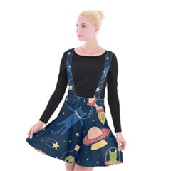 Seamless-pattern-with-funny-aliens-cat-galaxy Suspender Skater Skirt by Salman4z