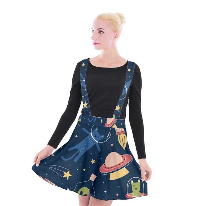 Seamless-pattern-with-funny-aliens-cat-galaxy Suspender Skater Skirt