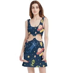 Seamless-pattern-with-funny-aliens-cat-galaxy Velour Cutout Dress by Salman4z