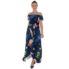 Seamless-pattern-with-funny-aliens-cat-galaxy Off Shoulder Open Front Chiffon Dress by Salman4z