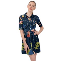 Seamless-pattern-with-funny-aliens-cat-galaxy Belted Shirt Dress by Salman4z