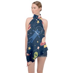 Seamless-pattern-with-funny-aliens-cat-galaxy Halter Asymmetric Satin Top by Salman4z