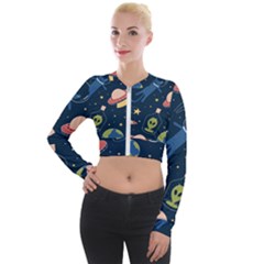 Seamless-pattern-with-funny-aliens-cat-galaxy Long Sleeve Cropped Velvet Jacket by Salman4z