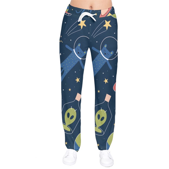 Seamless-pattern-with-funny-aliens-cat-galaxy Women Velvet Drawstring Pants