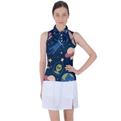 Seamless-pattern-with-funny-aliens-cat-galaxy Women s Sleeveless Polo Tee by Salman4z